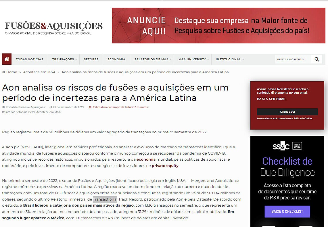 Aon analisa os riscos de fuses e aquisies em um perodo de incertezas para a Amrica Latina